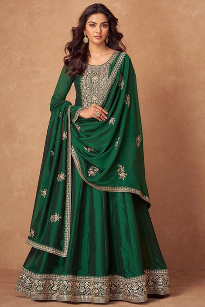 Green Wedding Sangeet Silk Anarkali Suit SFSMT41401