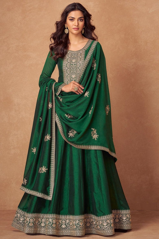 Green Wedding Sangeet Silk Anarkali Suit SFSMT41401