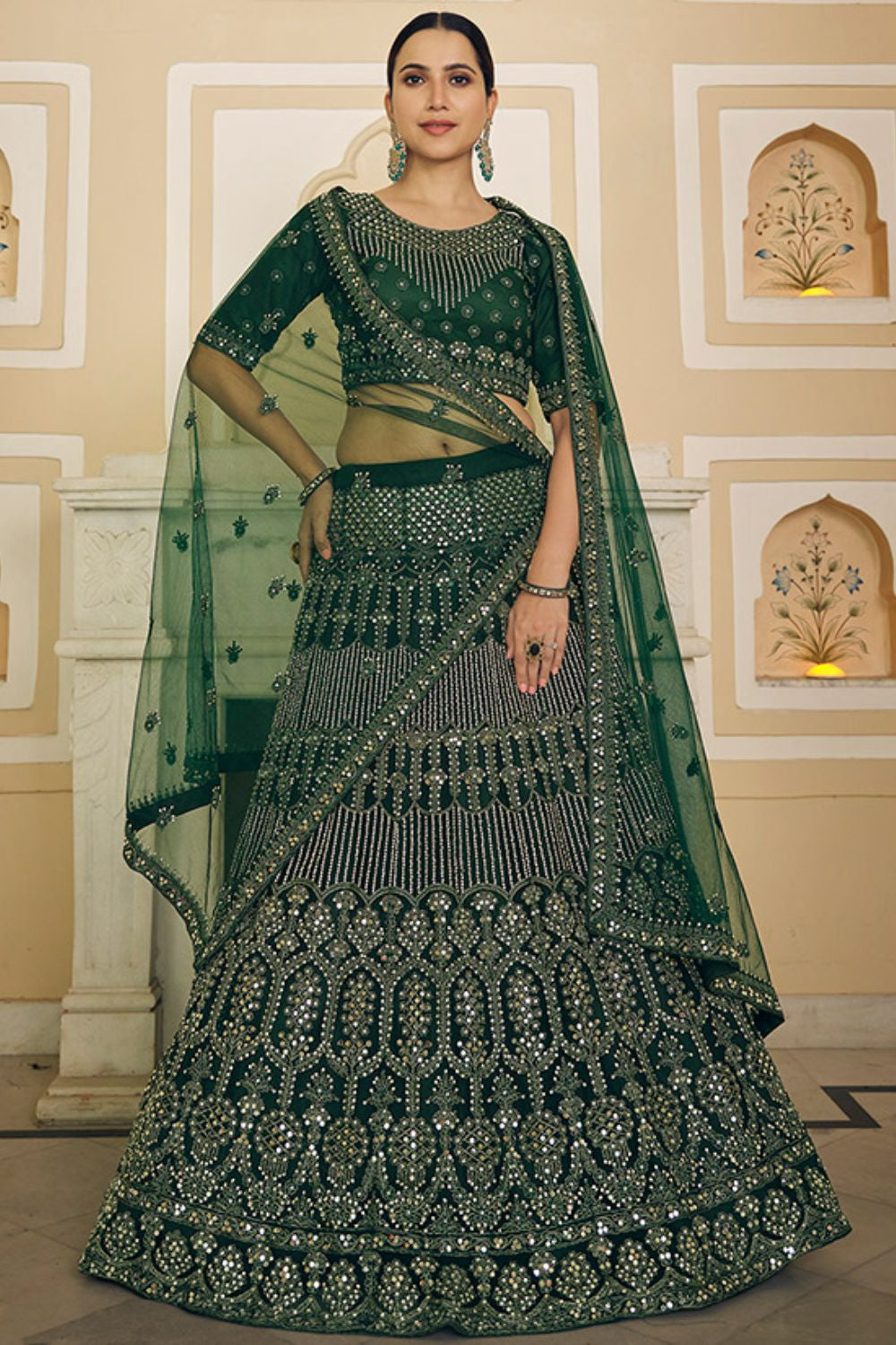 Green Timeless Bridal Lehenga In Net Lehenga Choli SFARY12101