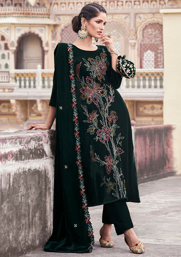 Green Plus Size Velvet Salwar Kameez With Zari Work  SFSTL29501