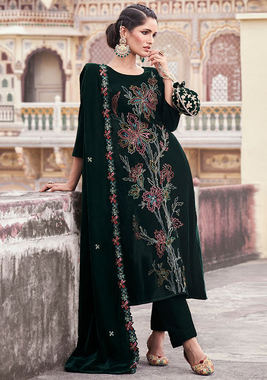 Green Plus Size Velvet Salwar Kameez With Zari Work  SFSTL29501