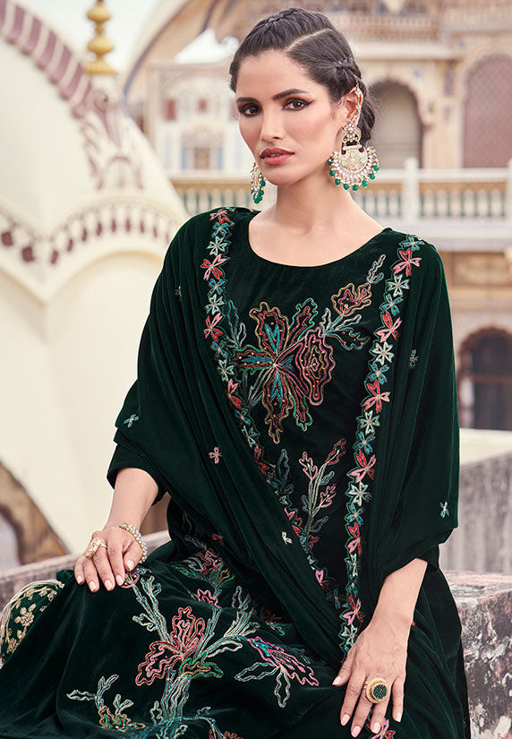 Green Plus Size Velvet Salwar Kameez With Zari Work  SFSTL29501