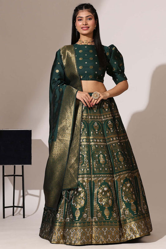 Green Jacquard Navratri Lehenga Choli In Zari Work SFROY537101