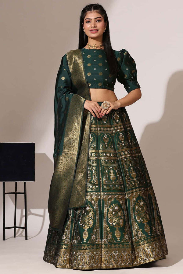 Green Jacquard Navratri Lehenga Choli In Zari Work SFROY537101