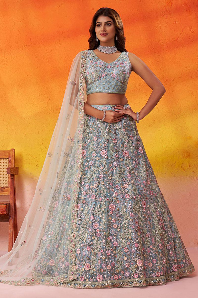 Blue Net Lehenga Choli - SFROY565717