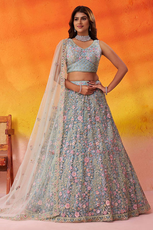 Blue Net Lehenga Choli - SFROY565717