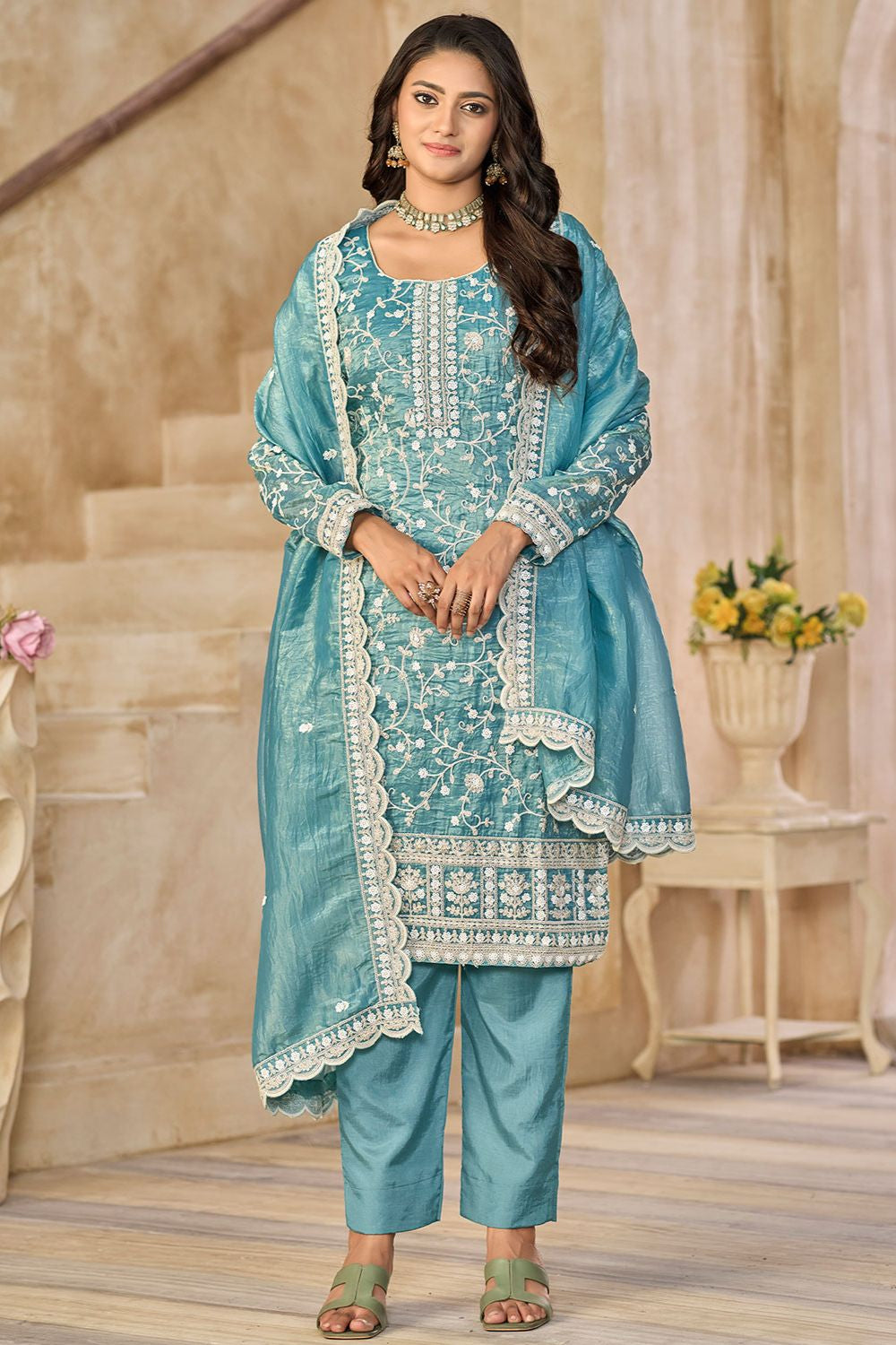 Blue Organza Plus Size Sangeet SFDFS35503