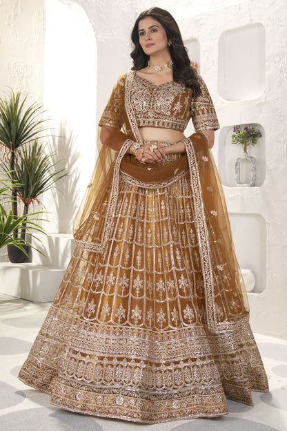 Brown Net Lehenga Choli With Zari And Resham Work  SFRELS3810