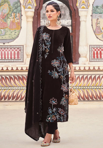 Brown Plus Size Velvet Salwar Kameez With Zari Work SFSTL29506