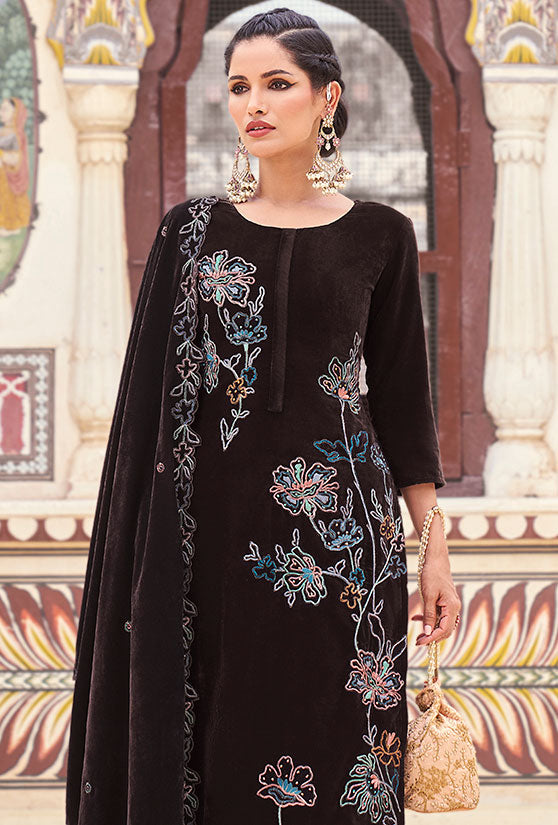 Brown Plus Size Velvet Salwar Kameez With Zari Work SFSTL29506