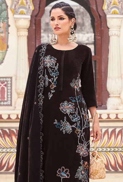 Brown Plus Size Velvet Salwar Kameez With Zari Work SFSTL29506