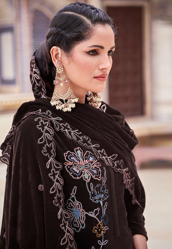 Brown Plus Size Velvet Salwar Kameez With Zari Work SFSTL29506