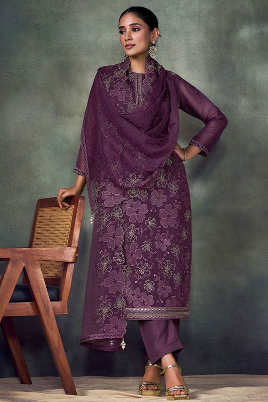 Burgundy Chiffon Plus Size Salwar Kameez Swarovski Work SFVPL30102