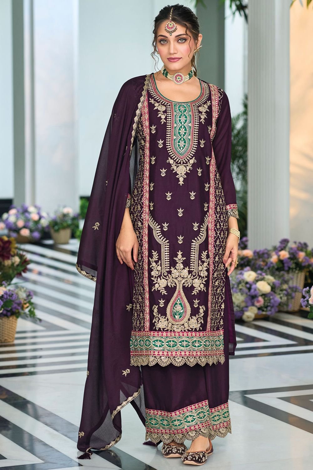 Burgundy Sassy Evening Sangeet Palazzo Kameez In Chinnon SFFK24003R
