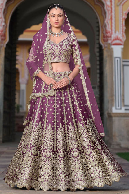 Burgundy Net Bridal Lehenga Choli SFSA478906