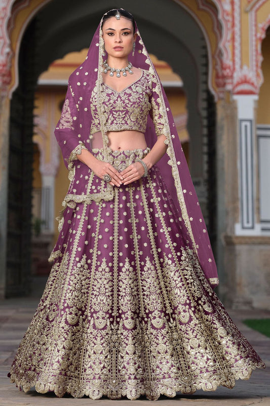 Burgundy Net Bridal Lehenga Choli SFSA478906