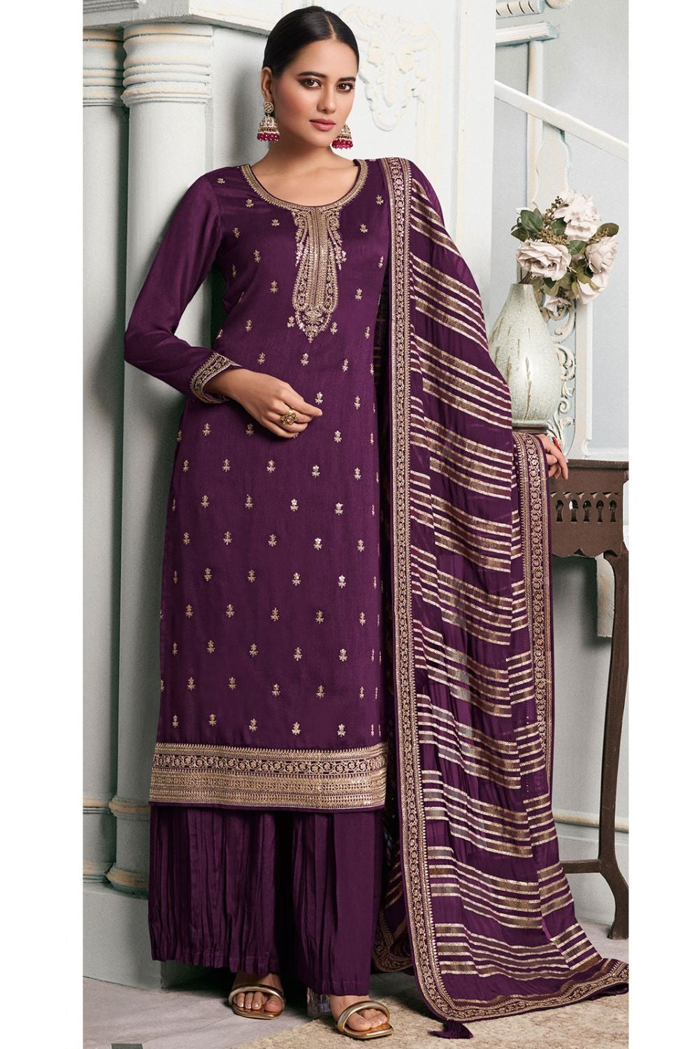 Burgundy Precision Embroidered Silk Georgette Palazzo Kameez SFYS142103