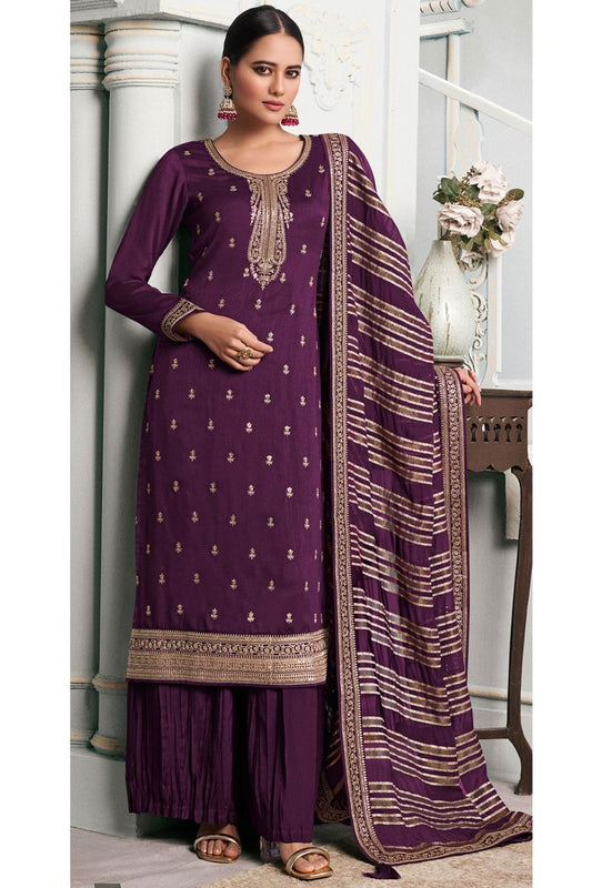 Burgundy Precision Embroidered Silk Georgette Palazzo Kameez SFYS142103