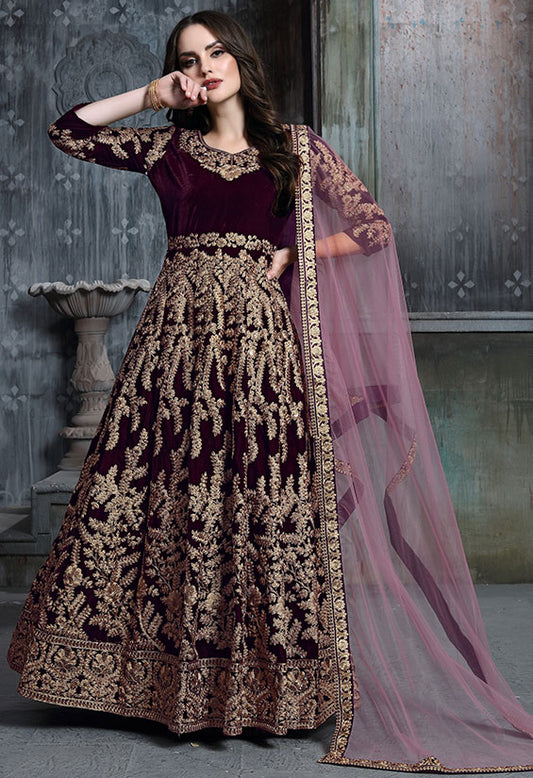 Burgundy Wine Bridal Velvet Anarkali Suit SFDFS11301