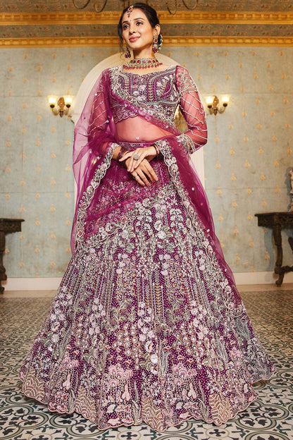 Burgundy Net Bridal Wedding Designer Lehenga Set SFROY509113