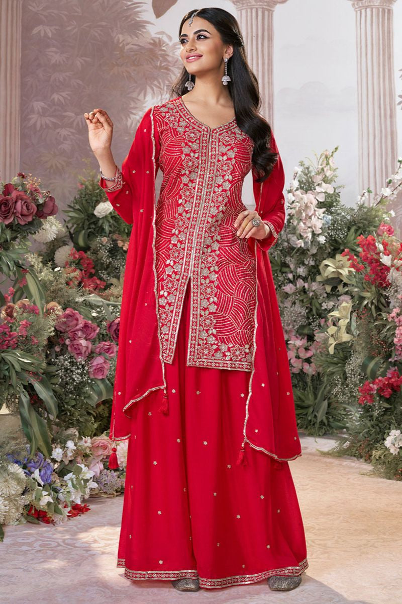 Red Wedding Chinnon Salwar Kameez SFVNF2101R