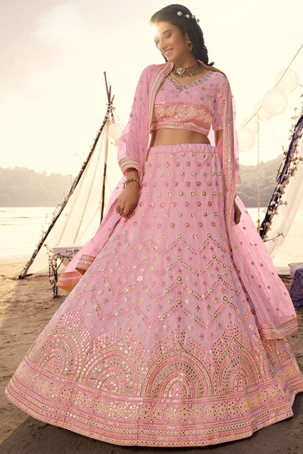 Pink Organza Bridal Sangeet Lehenga Choli  SFARY8009