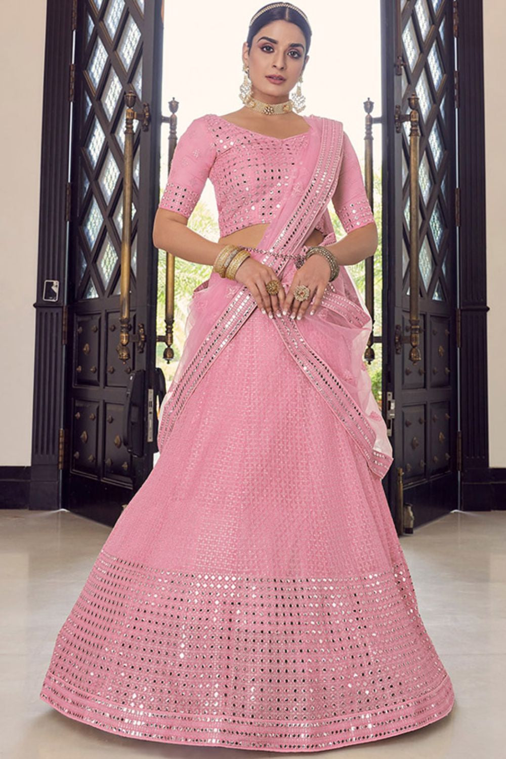 Pink  Bridal Sangeet Lehenga Choli In Organza SFARY12319