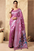 Pink Silk Peacock Print Pallu Saree With Blouse SFSA501901