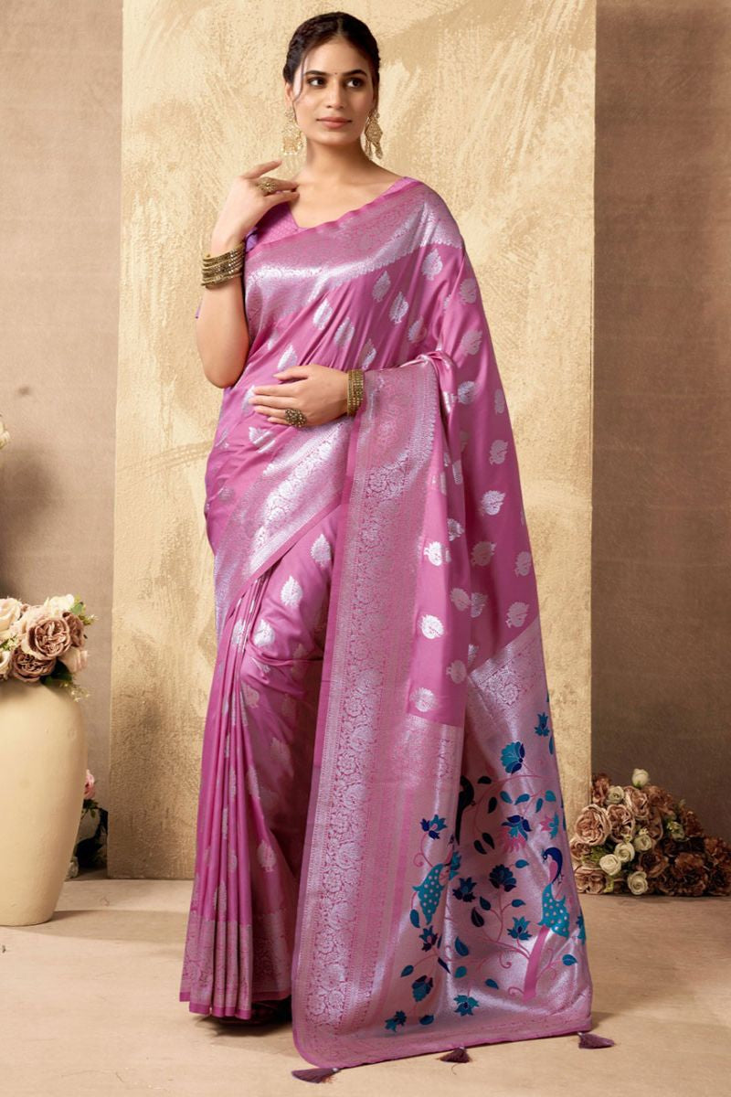 Pink Silk Peacock Print Pallu Saree With Blouse SFSA501901