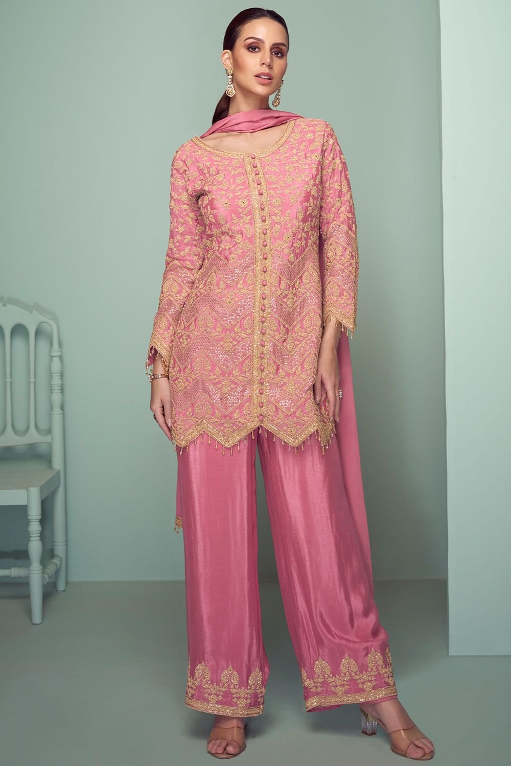Pink Evening Chinnon Salwar Kameez Palazzo Suit SFYS154304R