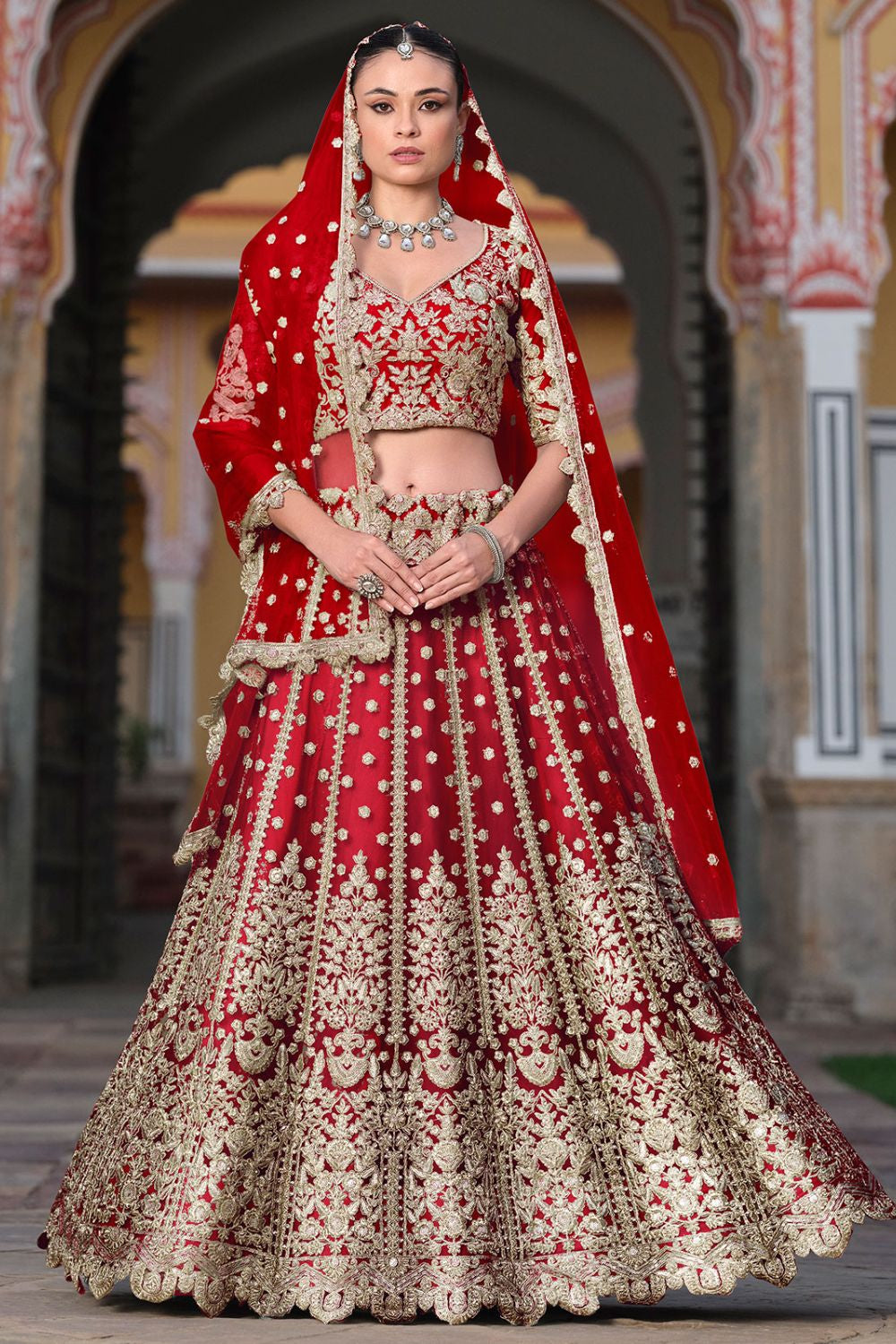 Red Gold Embroidered Net Bridal Lehenga Choli SFSA478904
