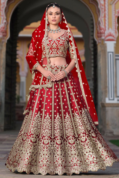 Red Gold Embroidered Net Bridal Lehenga Choli SFSA478904