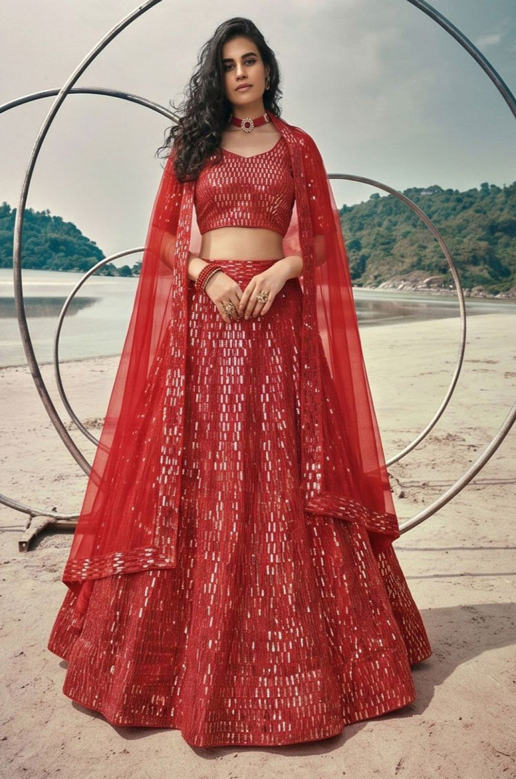 Red Net Lehenga Choli - SFSA573001