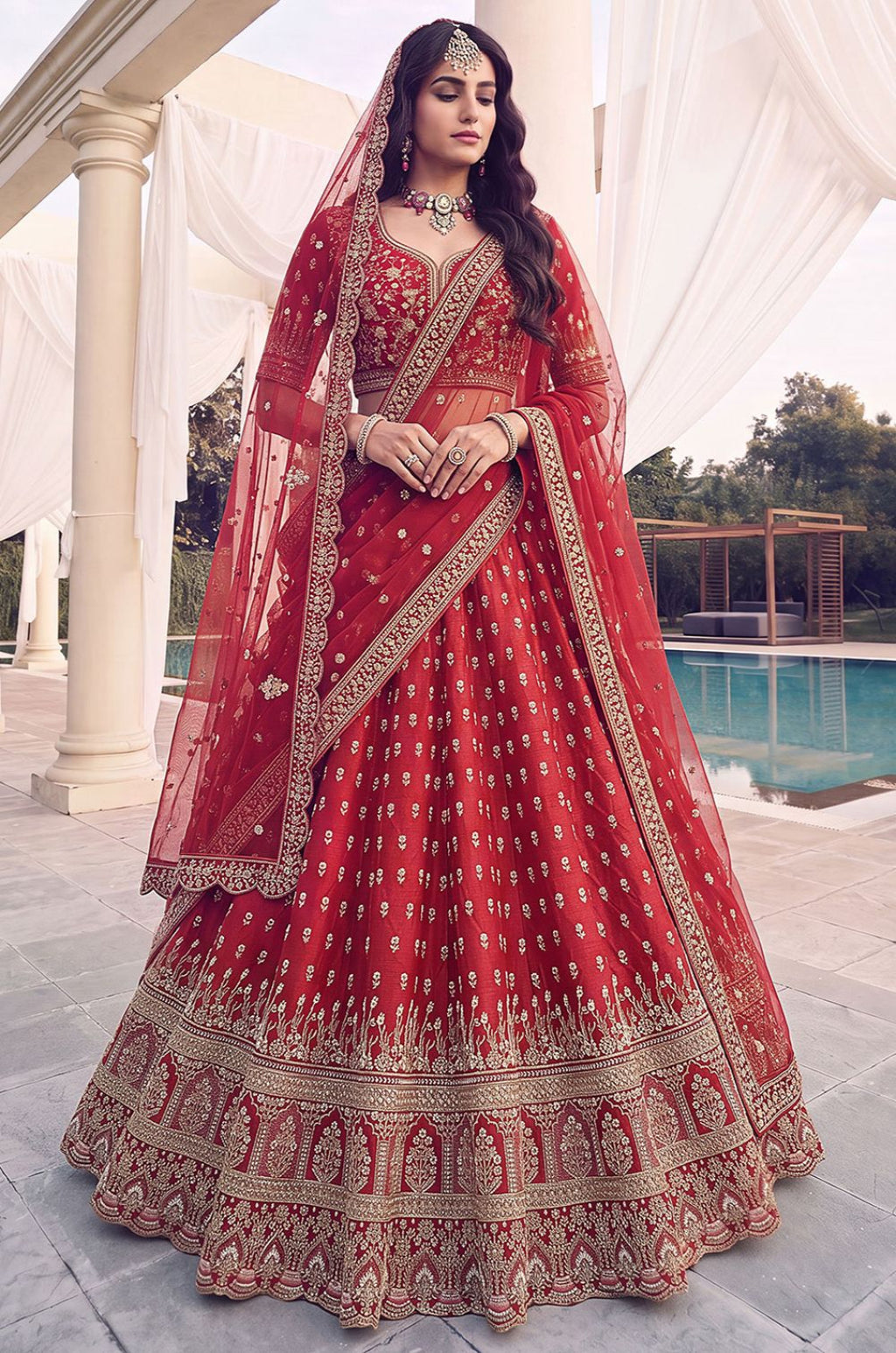 Red Silk Lehenga Choli - SFANJ3453