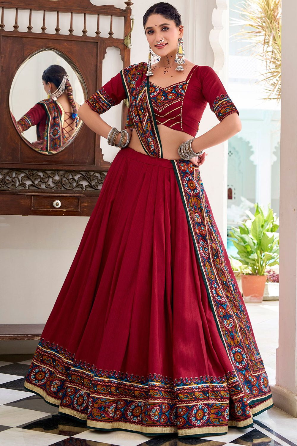 Red Tussar Silk Navratri Lehenga Choli SFROY548704R
