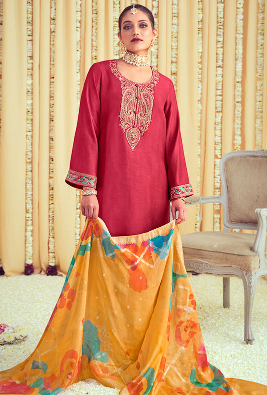 Plus Size Red Salwar Suit In Silk SFSTL29403