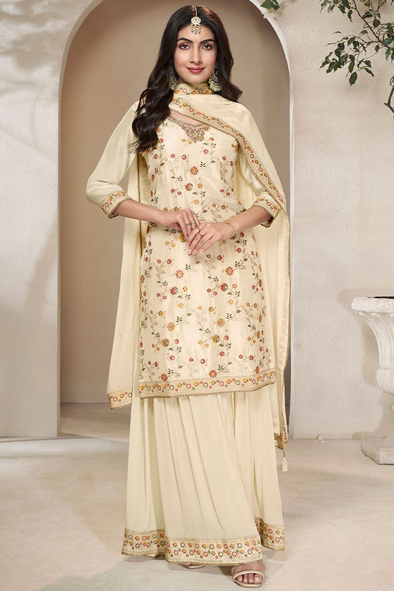 Cream Sharara Kameez Palazzo Suit Readymade In Silk SFVNF1704R