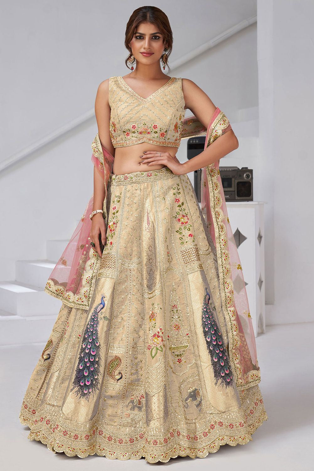 Cream Banarasi Lehenga Choli - SFRELS6515