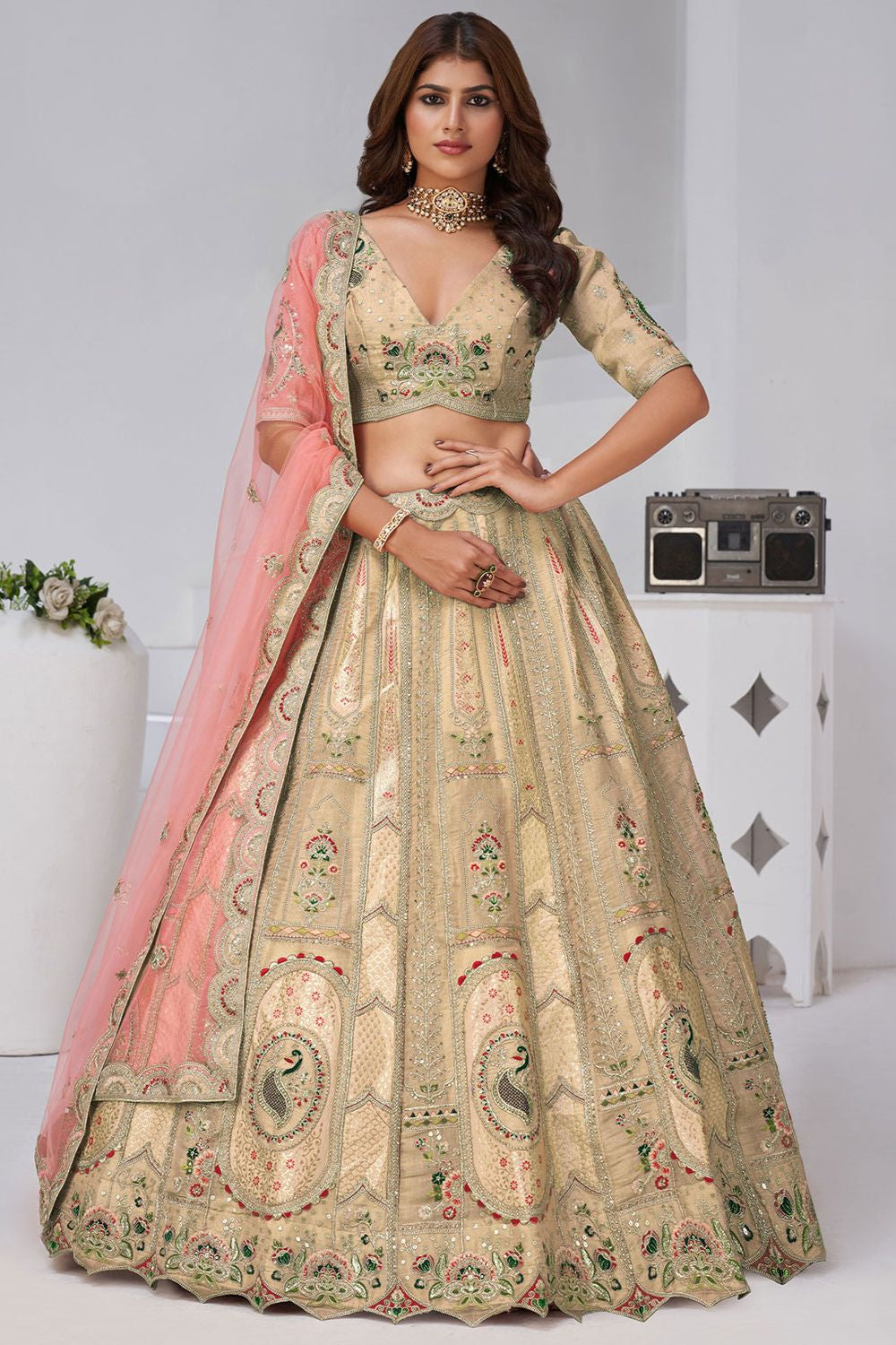 Cream Banarasi Lehenga Choli - SFRELS6519