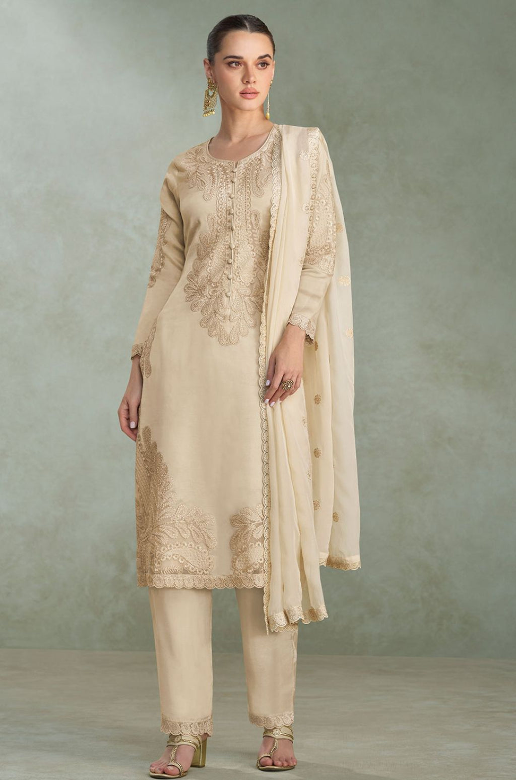 Cream Silk Salwar Kameez - SFSMT57701R