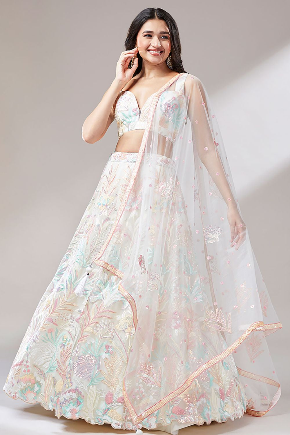 Cream Cocktail Evening Net Lehenga Choli SFROY522401