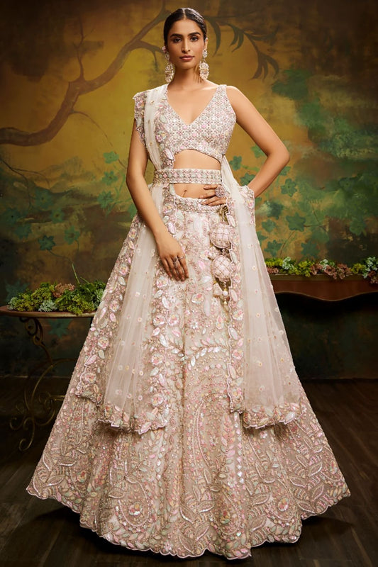 Cream Net Engagement Lehenga Choli SFROY522413