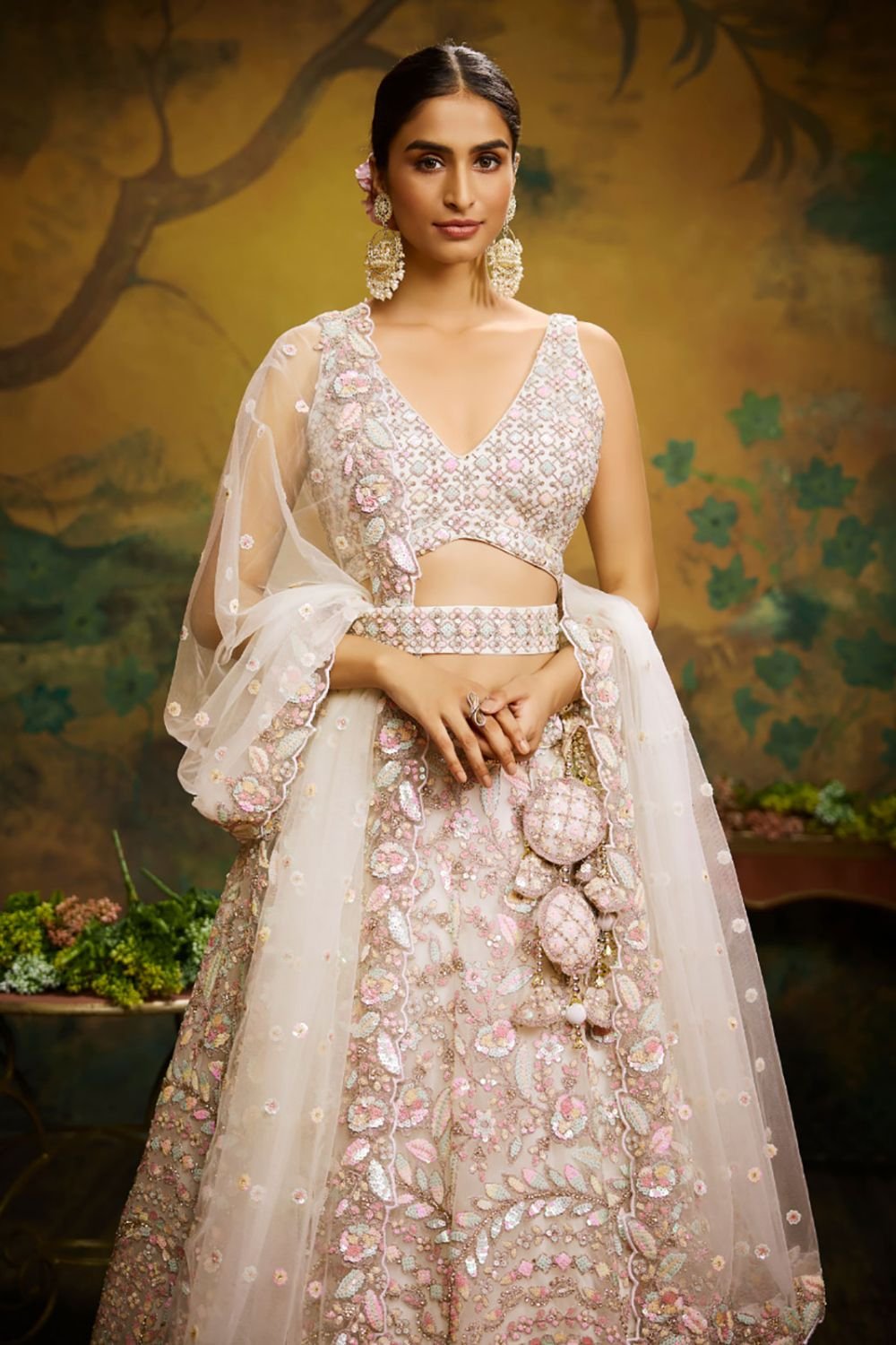 Cream Net Engagement Lehenga Choli SFROY522413