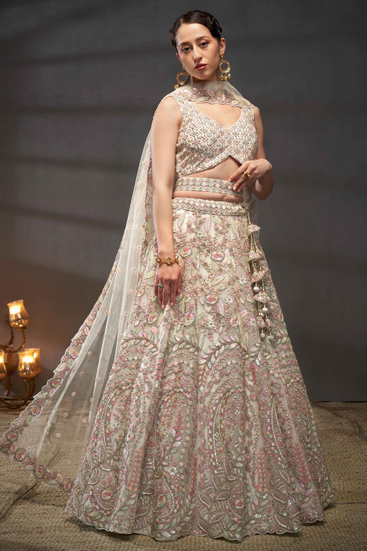 Cream Net Wedding Lehenga Choli Zarkan Work SFROY522432