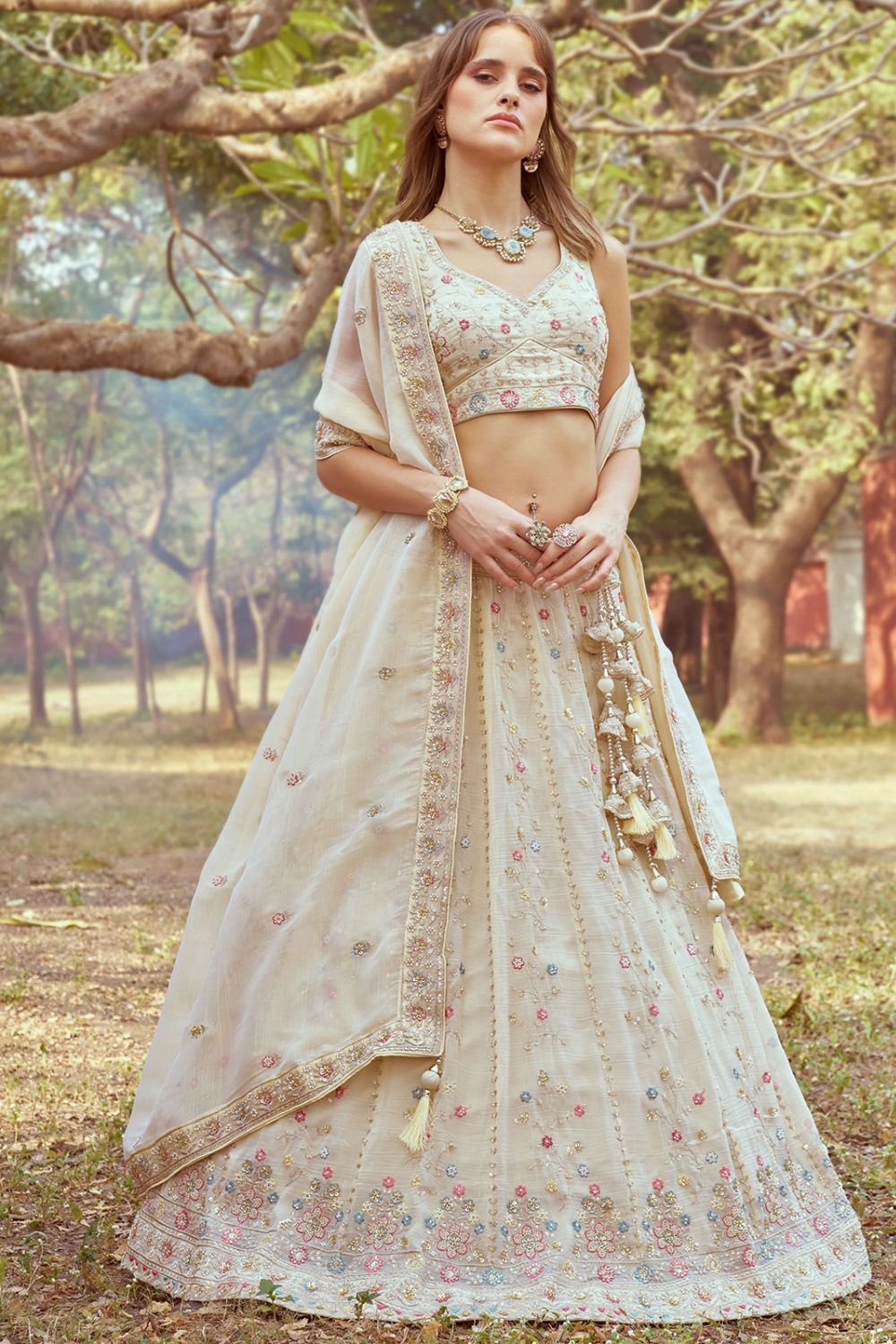 Cream Wedding Reception Tissue Silk Lehenga Choli SFROY522474