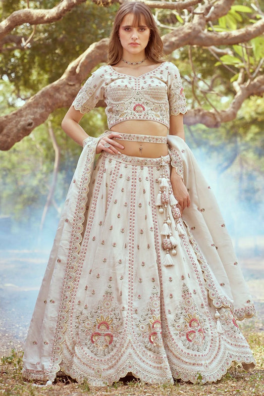 Cream Wedding Reception Tissue Silk Lehenga Choli  SFROY522475