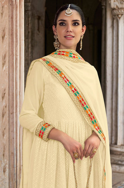 Cream Georgette Long Anarkali Gown Embroidered Lace Work  SFSA332503C