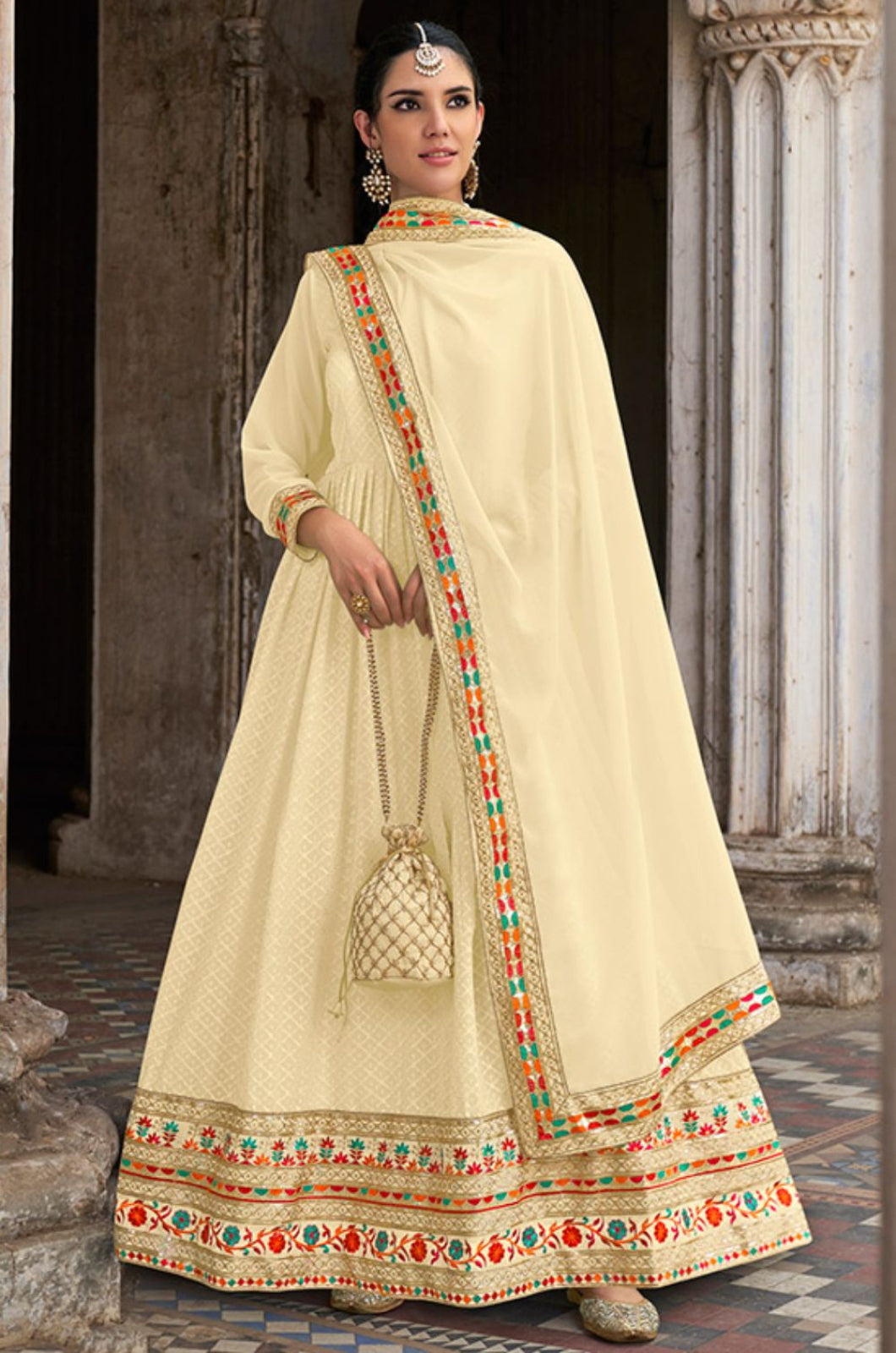 Cream Georgette Long Anarkali Gown Embroidered Lace Work  SFSA332503C
