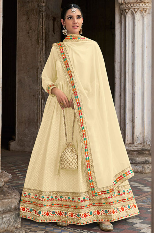 Cream Georgette Long Anarkali Gown Embroidered Lace Work  SFSA332503C
