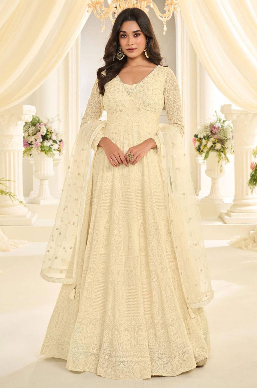 Cream Georgette Gowns - SFSMT58302R